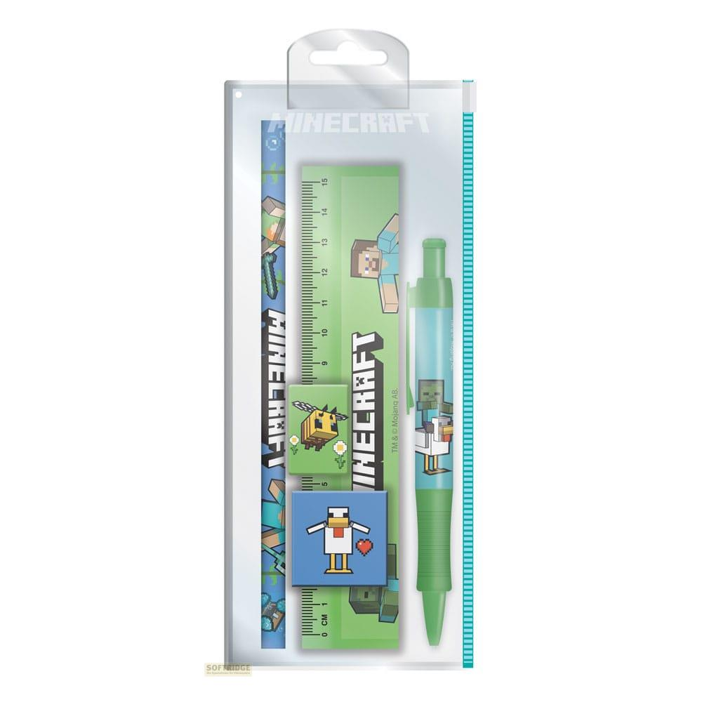 Artículos de papelería de Minecraft: regla, bolígrafo con personajes, pegatina de abeja y pollo.