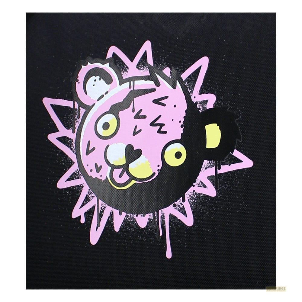 Pinker Pantherkopf mit schwarzen und gelben Akzenten, umgeben von pinken Zacken.