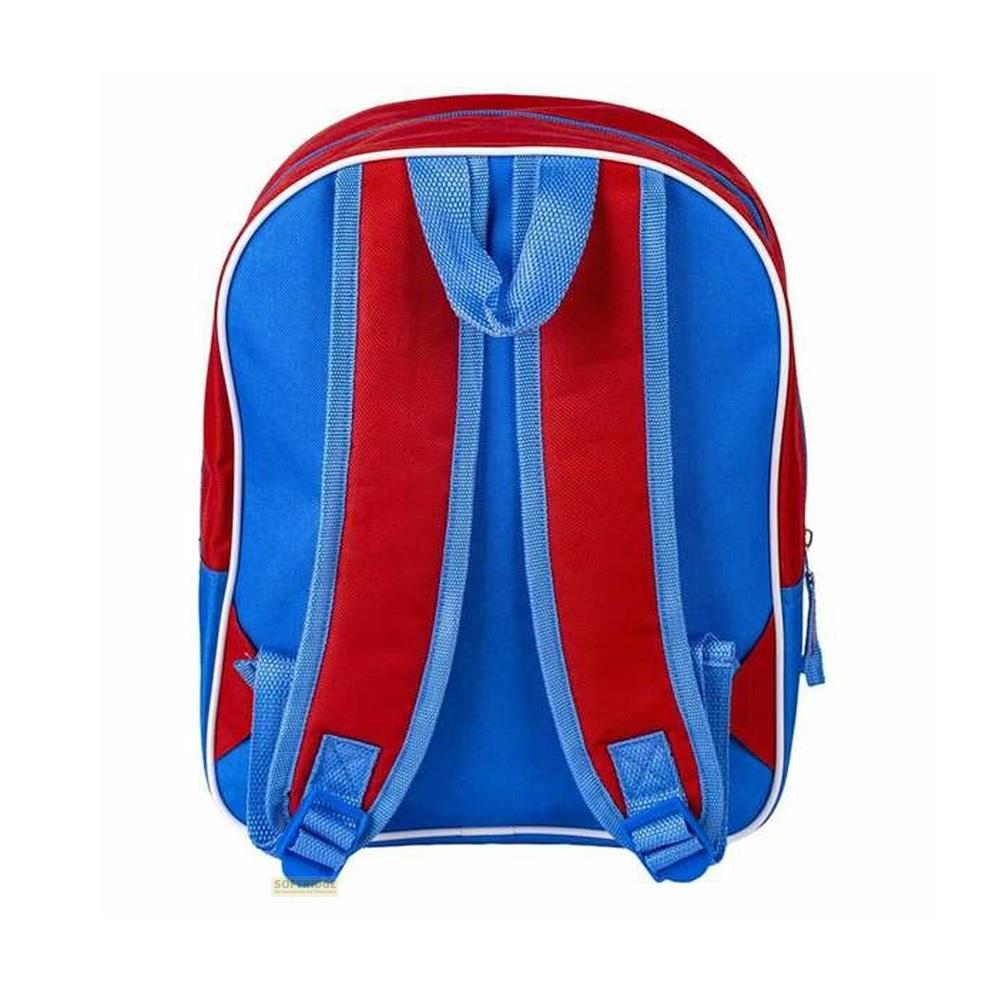 Rucksack mit roten und blauen Flächen, weißen Kanten und blauen Trägern.