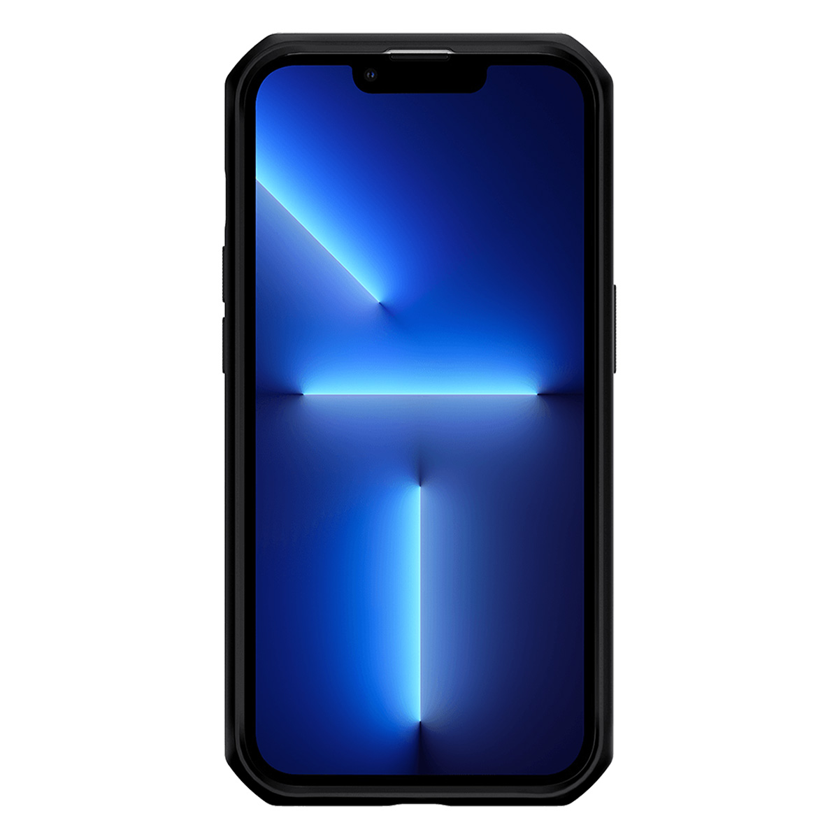 Smartphone nero con sfondo blu con raggi di luce.