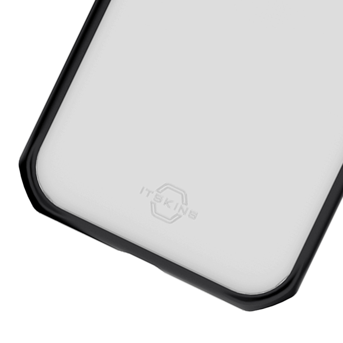 Custodia trasparente per telefono con bordo nero e logo.