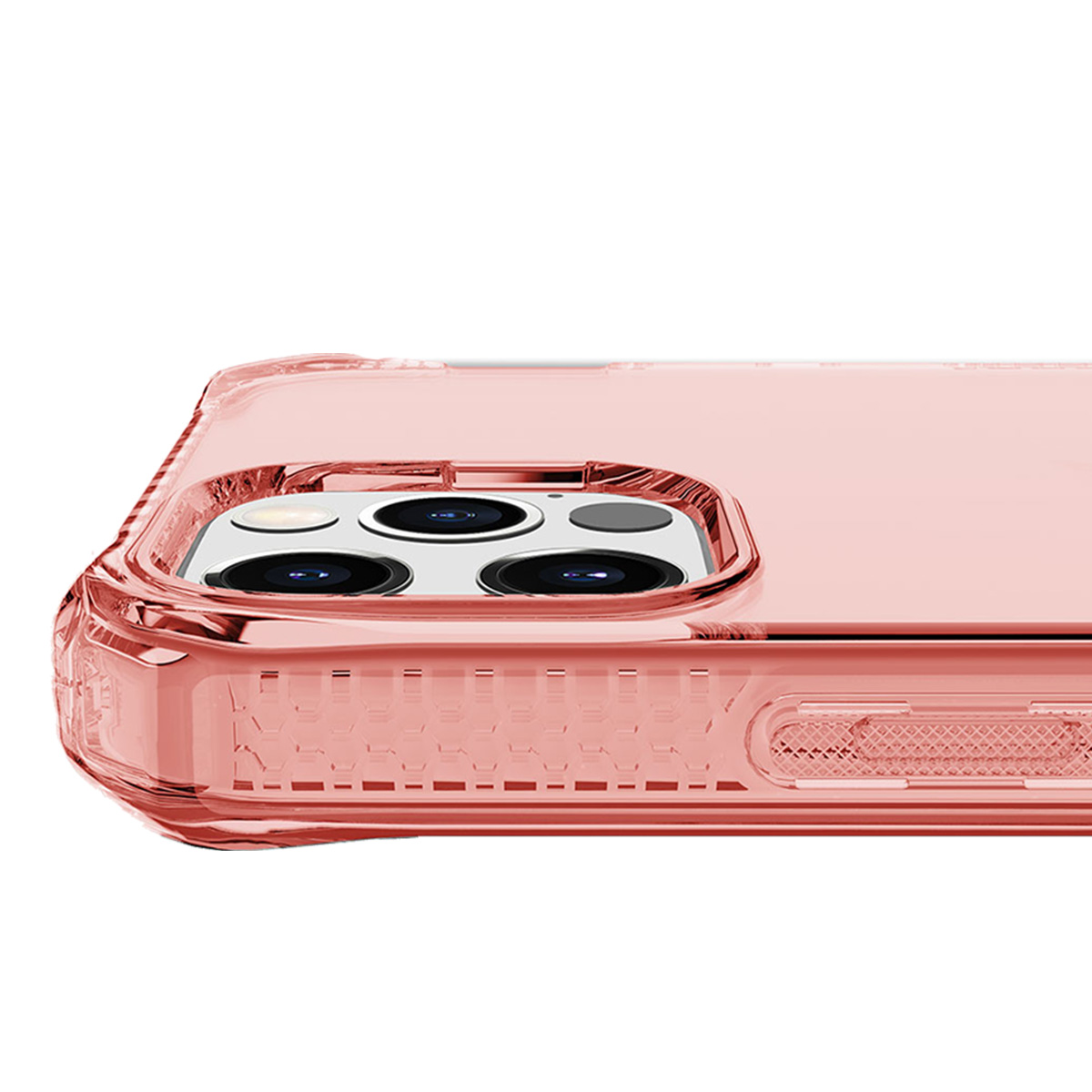 Primo piano di una custodia per telefono rosa con sistema fotocamera.