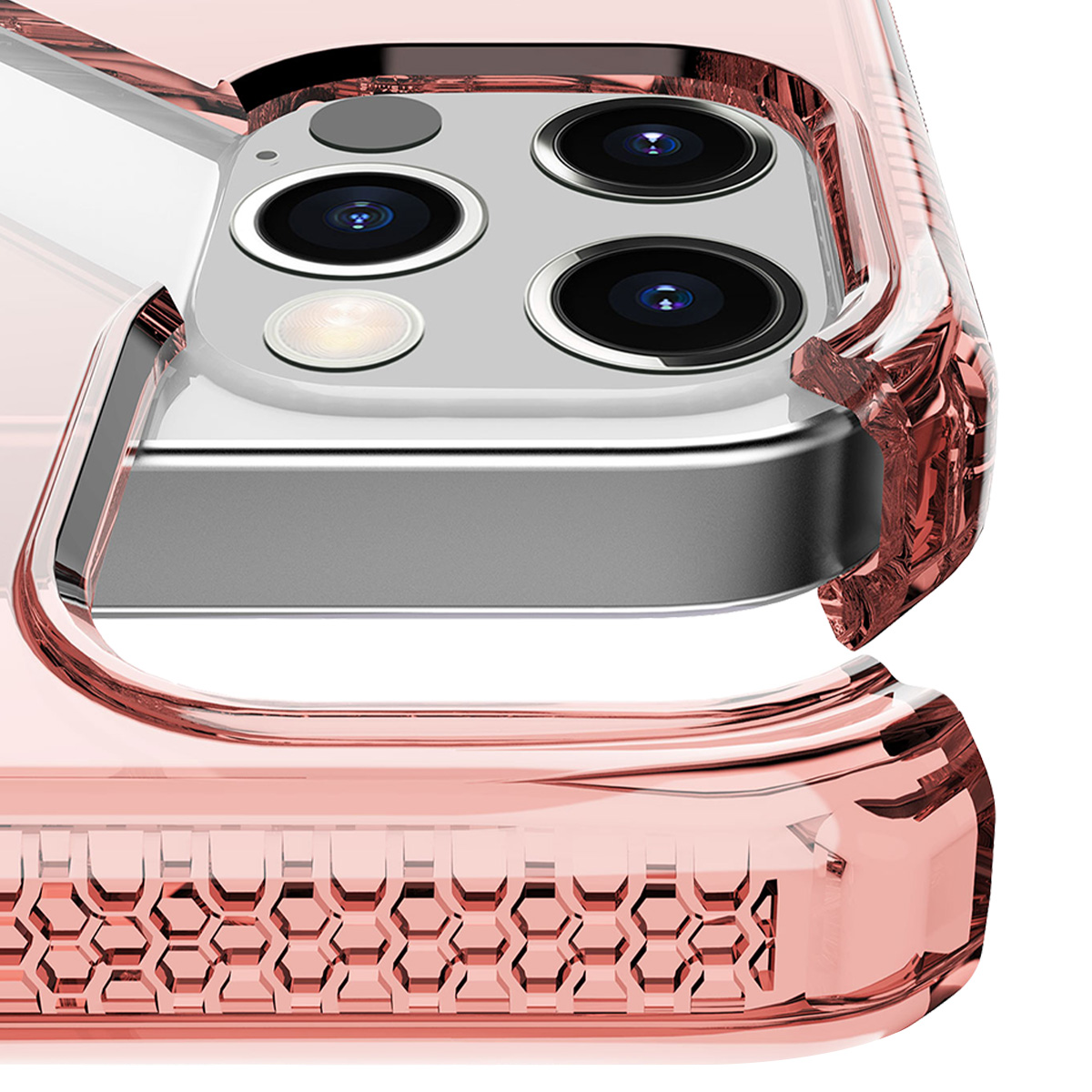 Primo piano di una custodia per telefono oro rosa con motivo a nido d'ape.