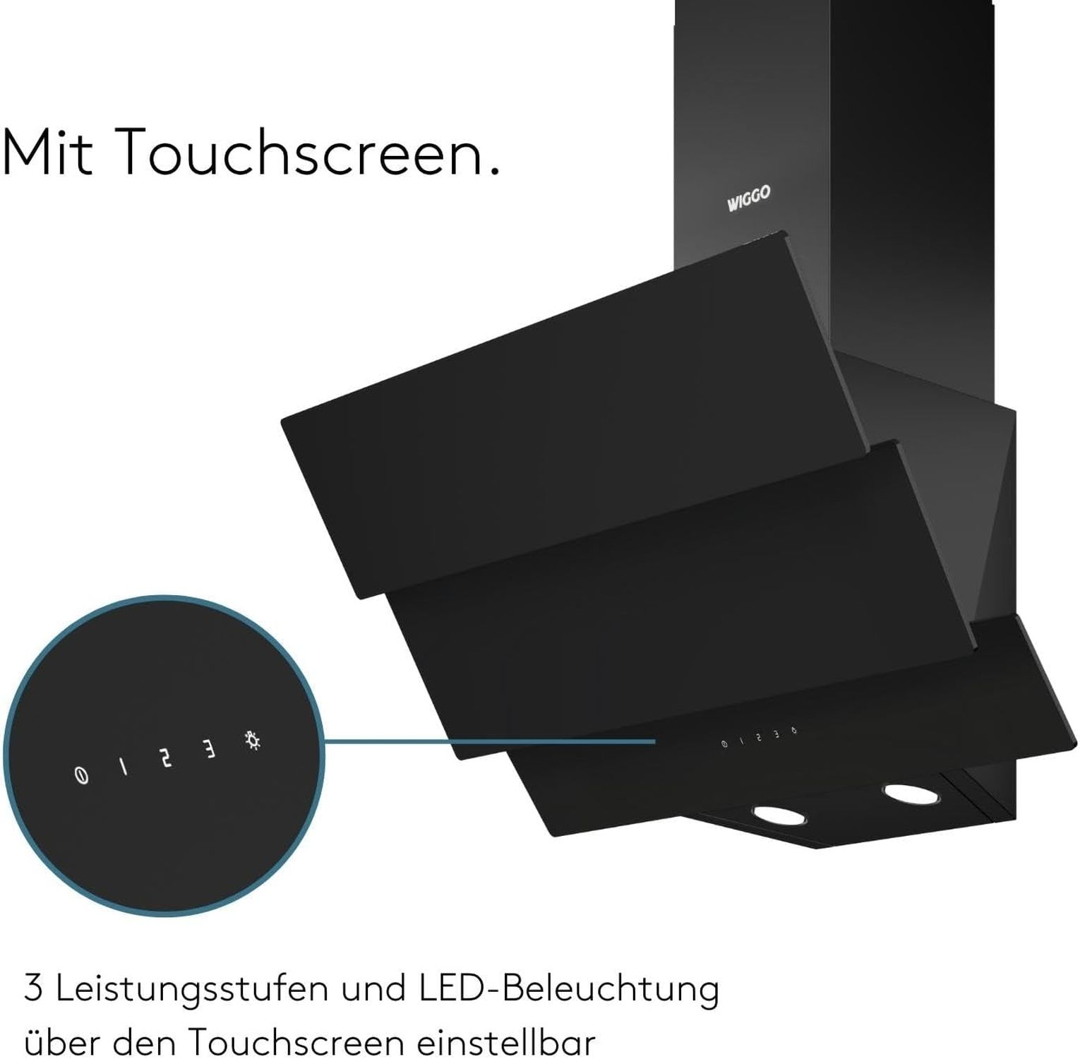 Zwarte WIGGO afzuigkap met touchscreen bediening voor snelheid en LED-verlichting.