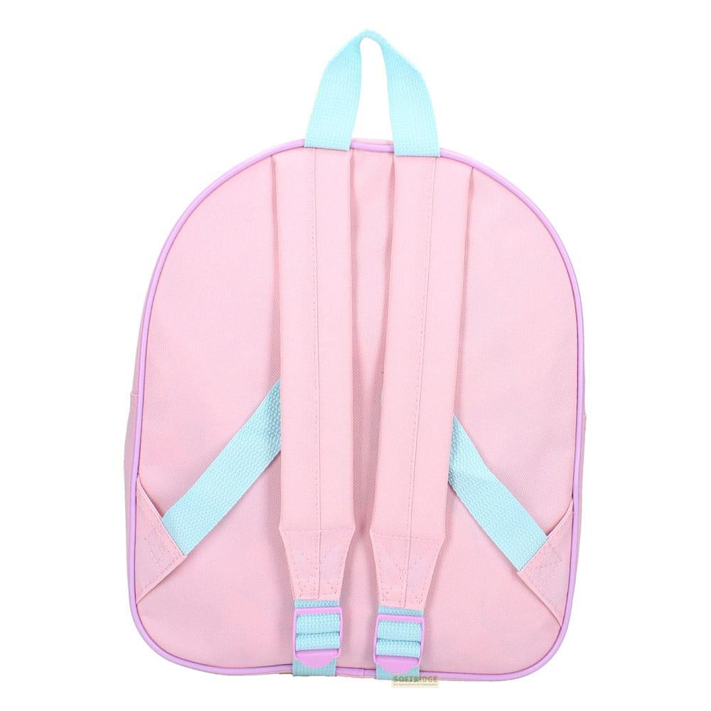 Ein rosafarbener Rucksack mit hellblauen Trägern und Akzenten.