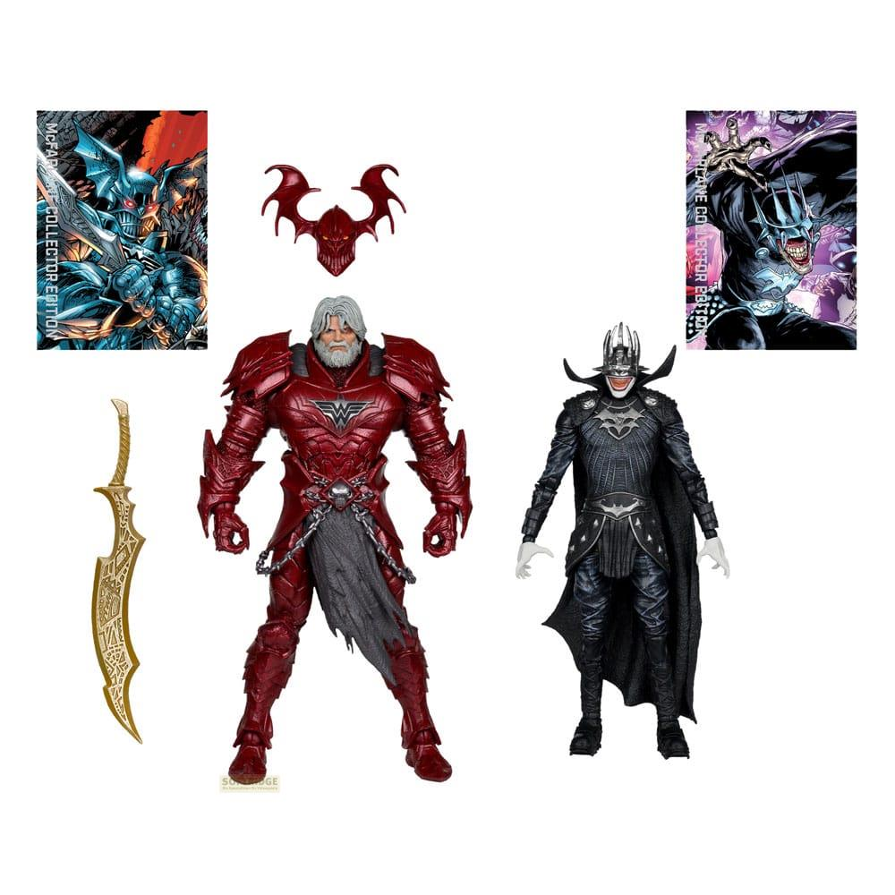 Figure di The Batman Who Laughs e Superman Rosso con spada e copertine di fumetti.