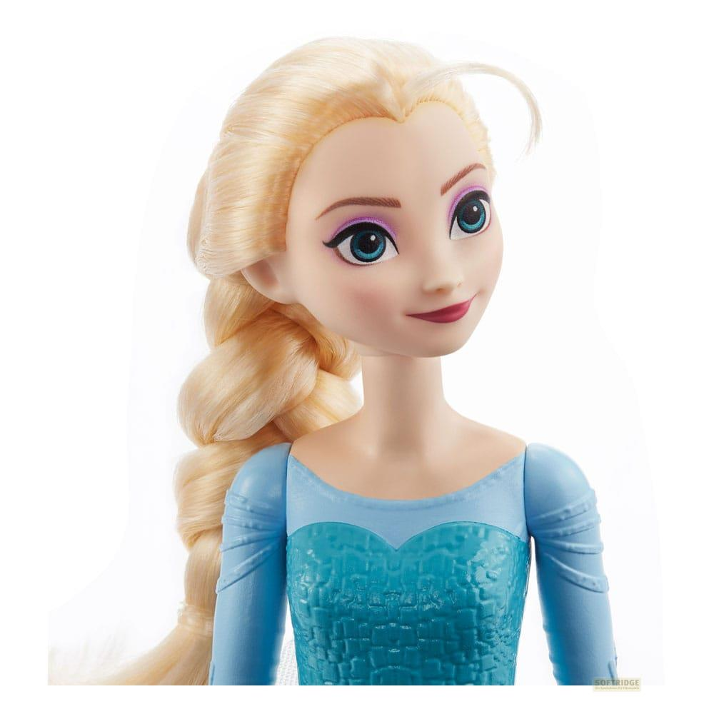 Elsa-Puppe mit blonden Haaren, blauen Augen und blauem Kleid.