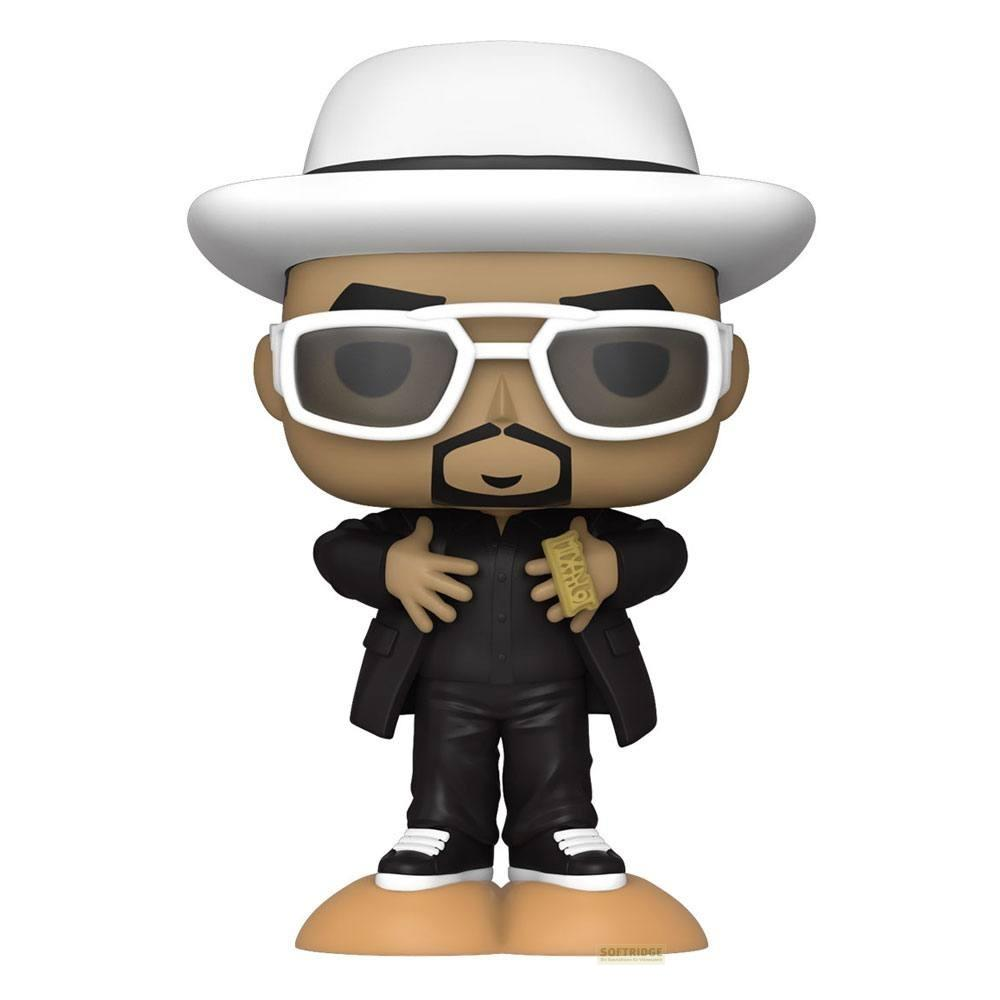 Eine Figur mit weißem Hut, Sonnenbrille, schwarzem Anzug und Goldring.