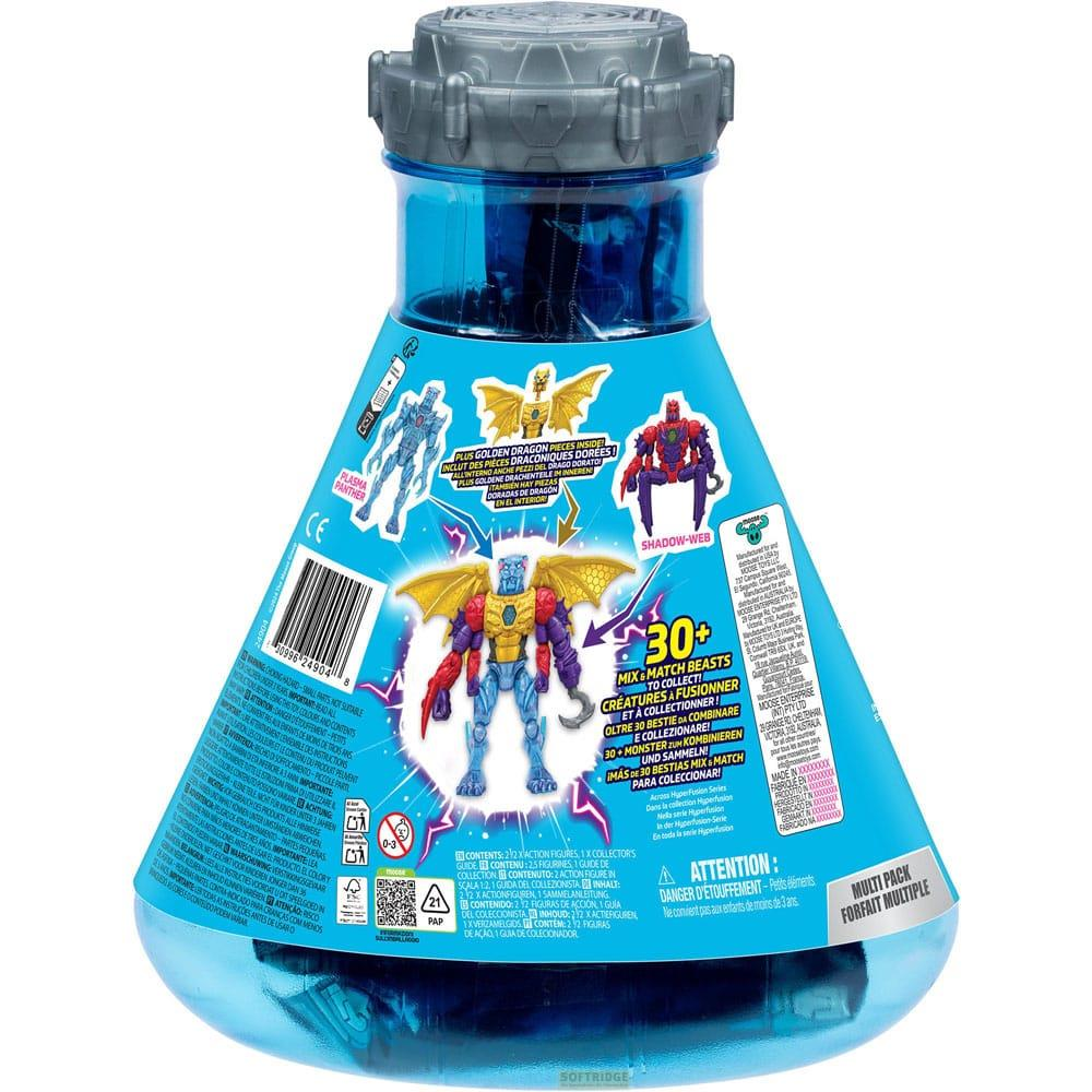 Blauer Behälter mit Spielzeugfiguren und Aufdrucken von Drachen und Robotern.