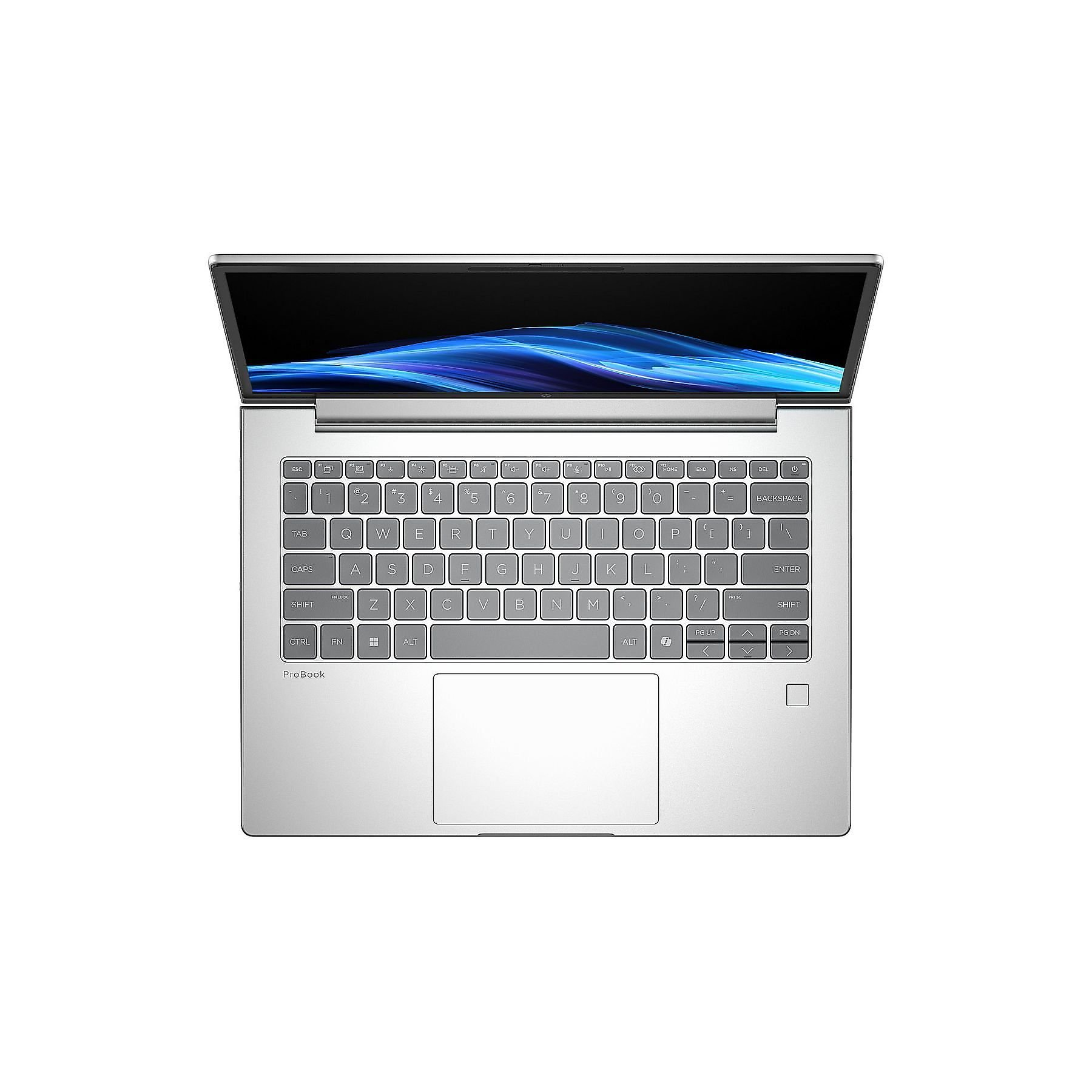 Un laptop argentato aperto con tastiera e touchpad.