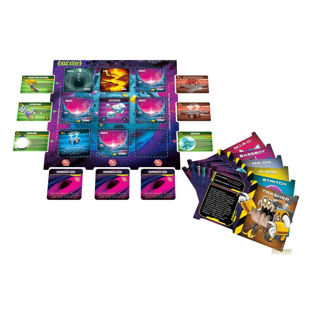 Ein Galaxie-Brettspiel mit Karten und Spielsteinen in einer Weltraum-Thematik.