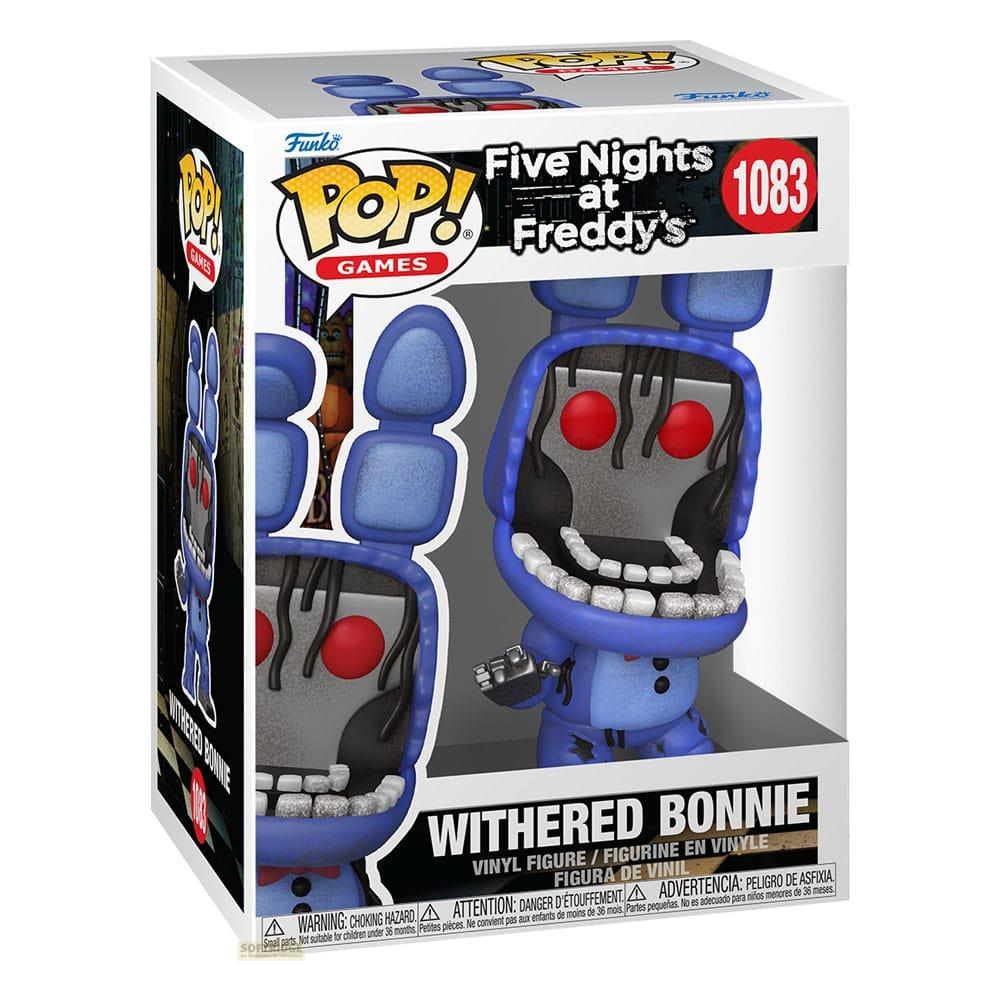 Una figura Funko Pop! azul de Withered Bonnie de Five Nights at Freddy's en su caja.