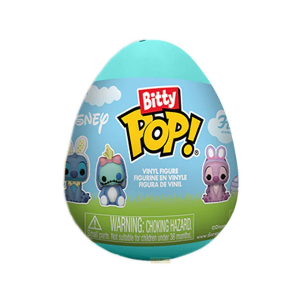 Ein blauer Bitty Pop! Disney Ei mit drei Vinylfiguren und Warnhinweisen.