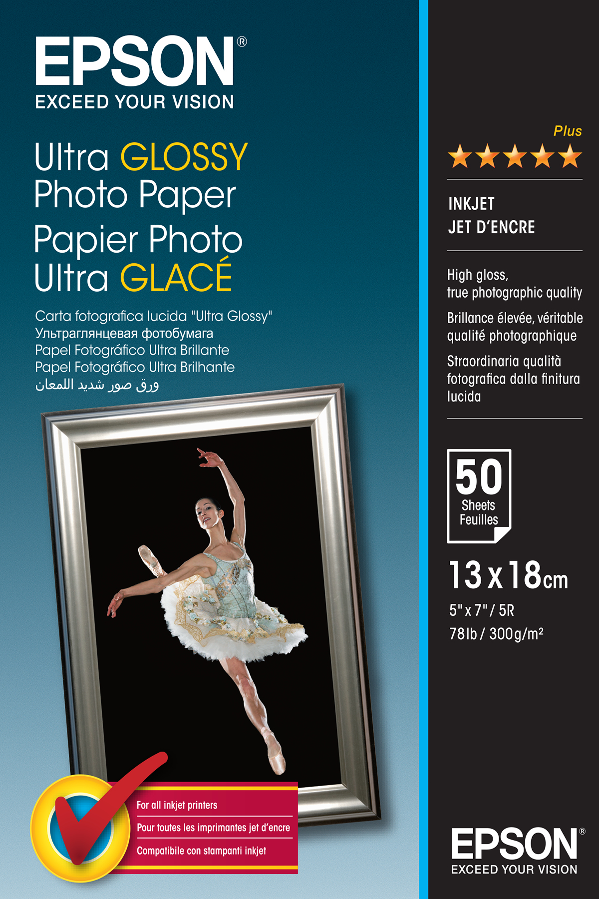 Carta fotografica Epson Ultra Glossy con ballerina in cornice argentata.