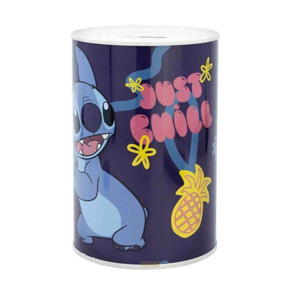 Una hucha azul con Stitch y el texto "Just Chill".