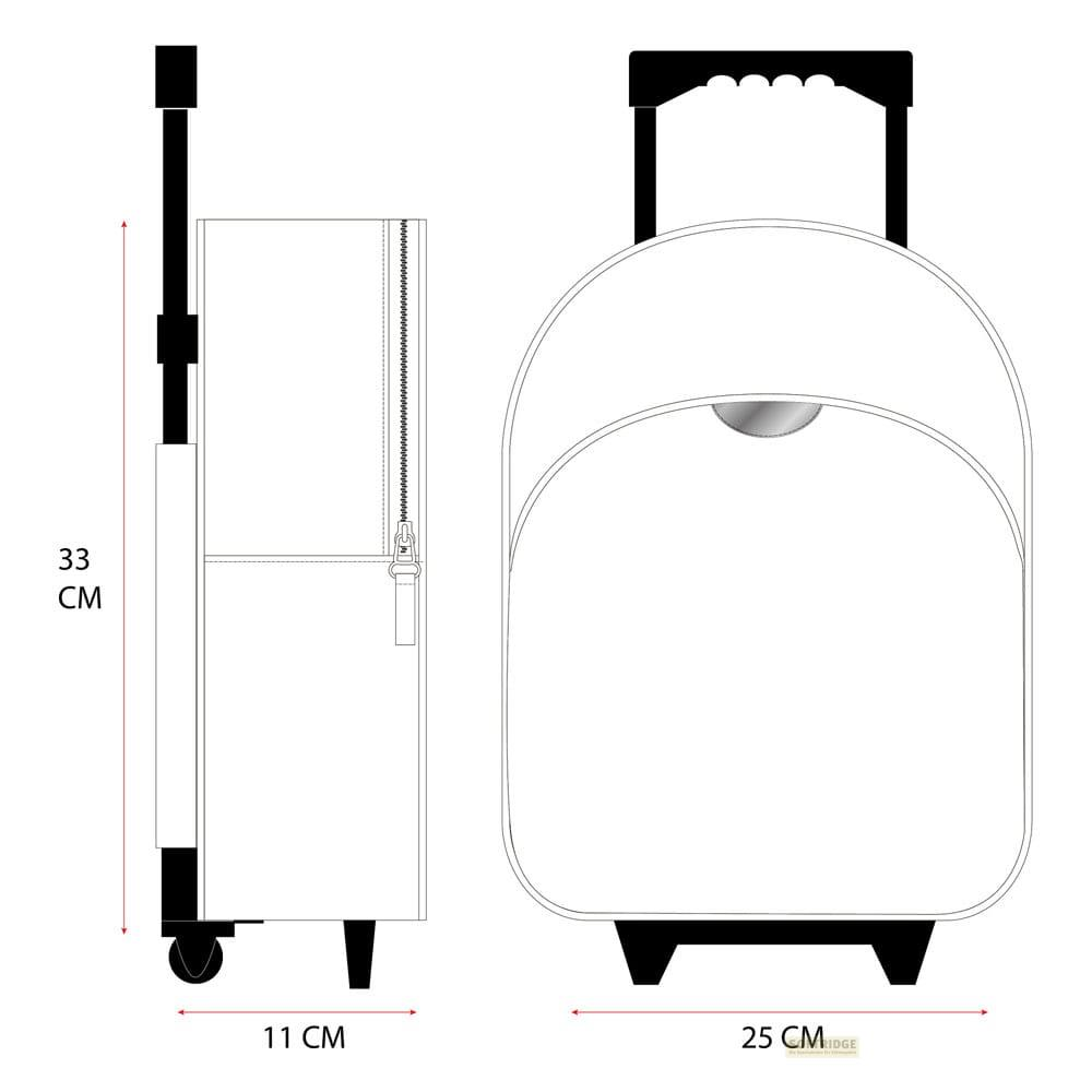 Skizze eines Rollkoffers mit Maßen: 33x11x25 cm.