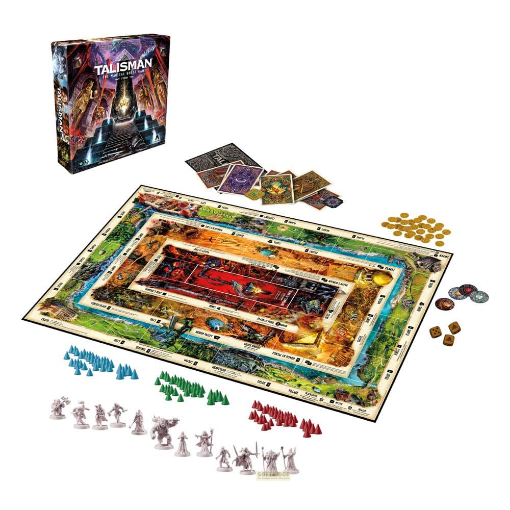 Talisman bordspel met doos, kaarten, tokens, dobbelstenen, figuren en speelbord.