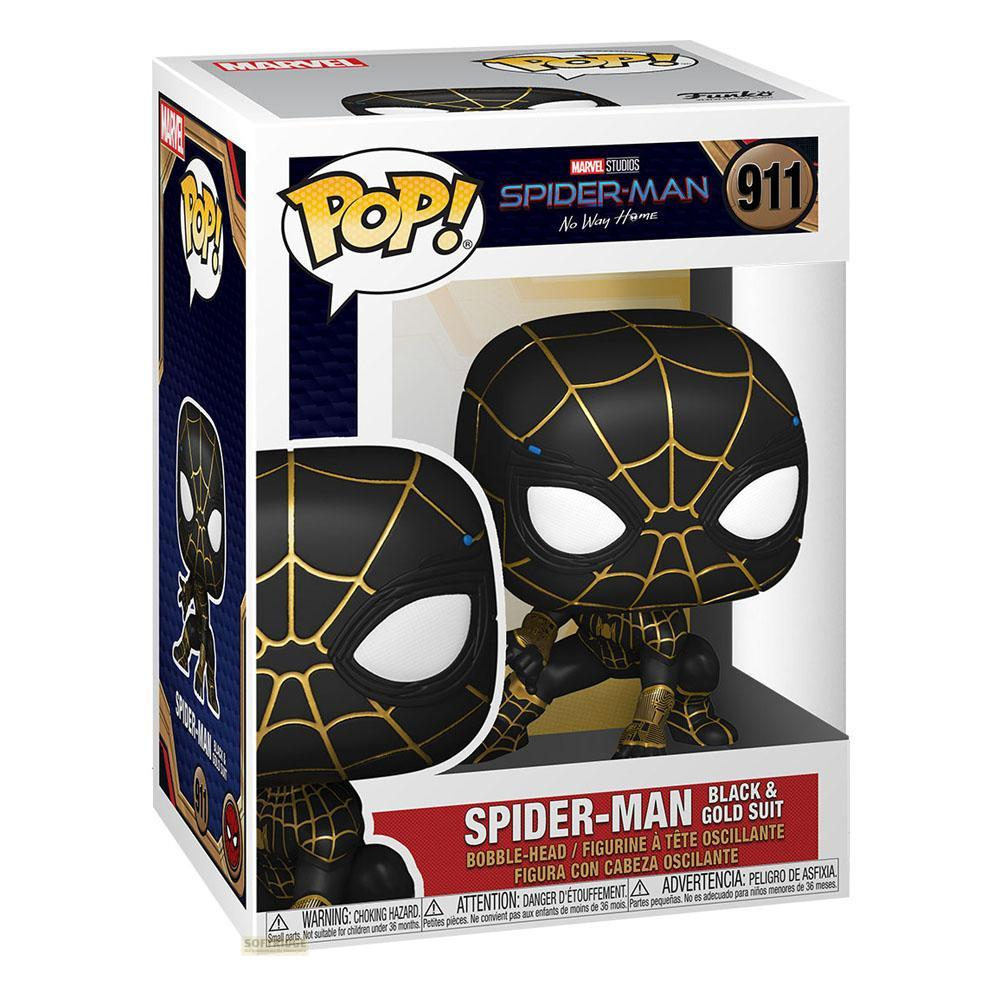 Funko Pop Figur von Spider-Man im schwarzen und goldenen Anzug aus 'No Way Home'.