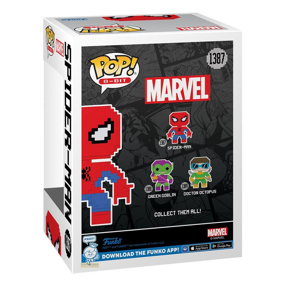 Caja Funko Pop 8-Bit Marvel con Spider-Man, Green Goblin y Doctor Octopus.