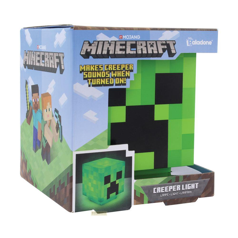 Lampka Minecraft Creeper na opakowaniu ze Steve'em i Alex.