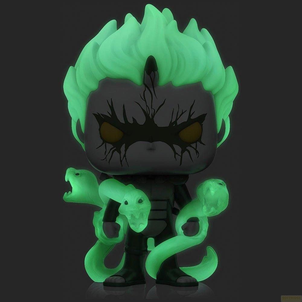Figura Funko Pop verde brillante con serpientes.