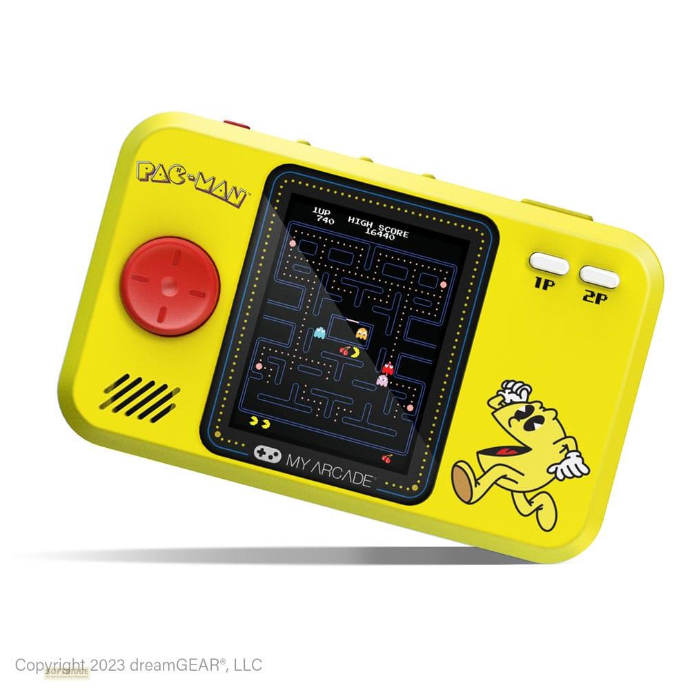 Dispositivo portátil amarillo con pantalla de Pac-Man, D-pad rojo y gráfico de Pac-Man.