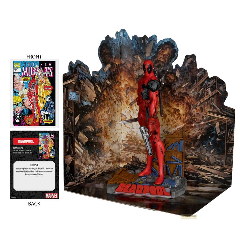 Yıkılmış bir binayı tasvir eden patlayıcı bir arka plan önündeki Deadpool figürü.