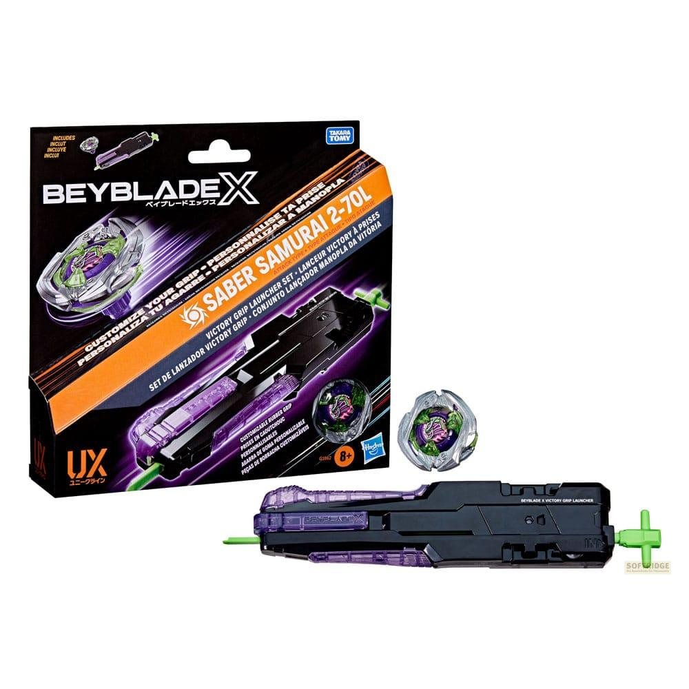 Set Beyblades X Saber Samurai 2-70L con lanzador y peonza en caja y por separado.