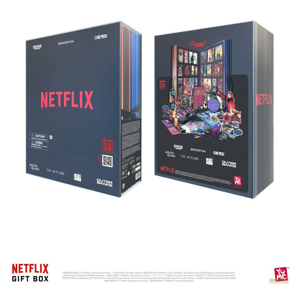 Scatola regalo Netflix con loghi di Stranger Things, Bridgerton, One Piece, Squid Game, The Witcher.