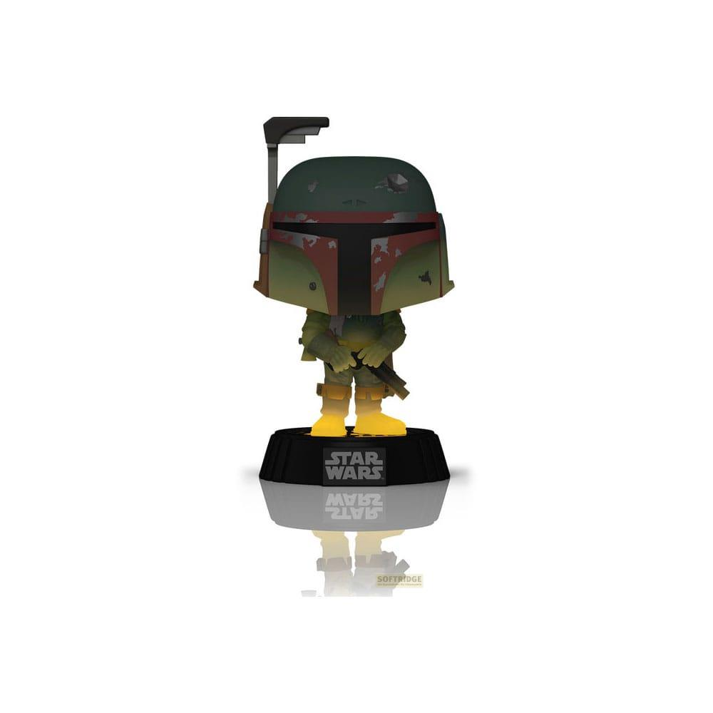 Figura Funko Pop de Boba Fett sobre una base negra con logo de Star Wars.