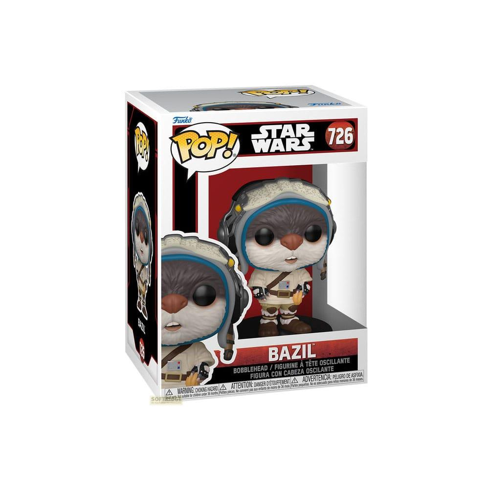 Action figure Funko Pop Star Wars Bazil in scatola, con testa pelosa e tuta da pilota.
