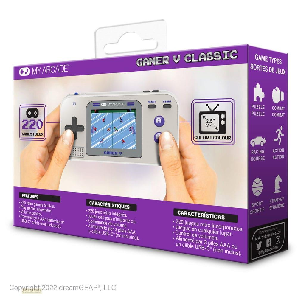 Embalaje de un dispositivo de videojuegos retro portátil con 220 juegos.