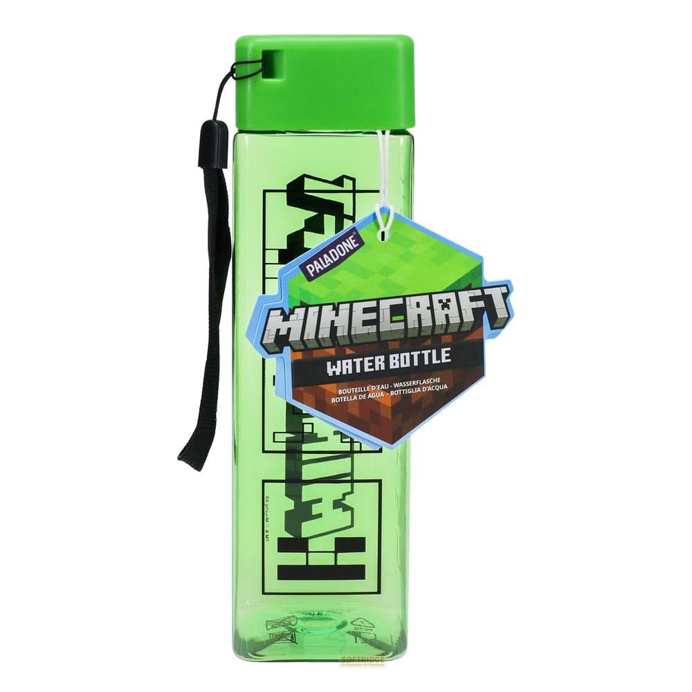 Zielona butelka na wodę Minecraft z metką i czarnym paskiem.