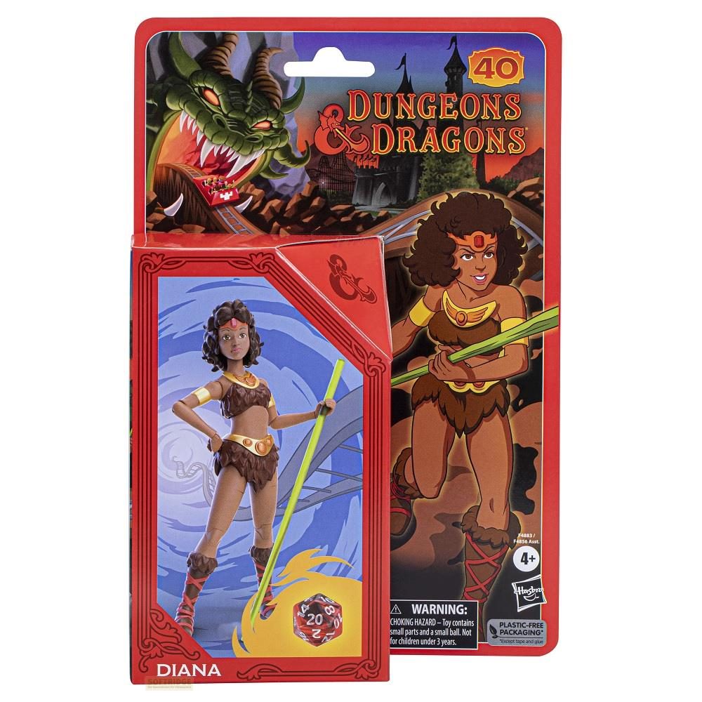 Action figure di Diana Dungeons & Dragons in confezione, con drago e castello.