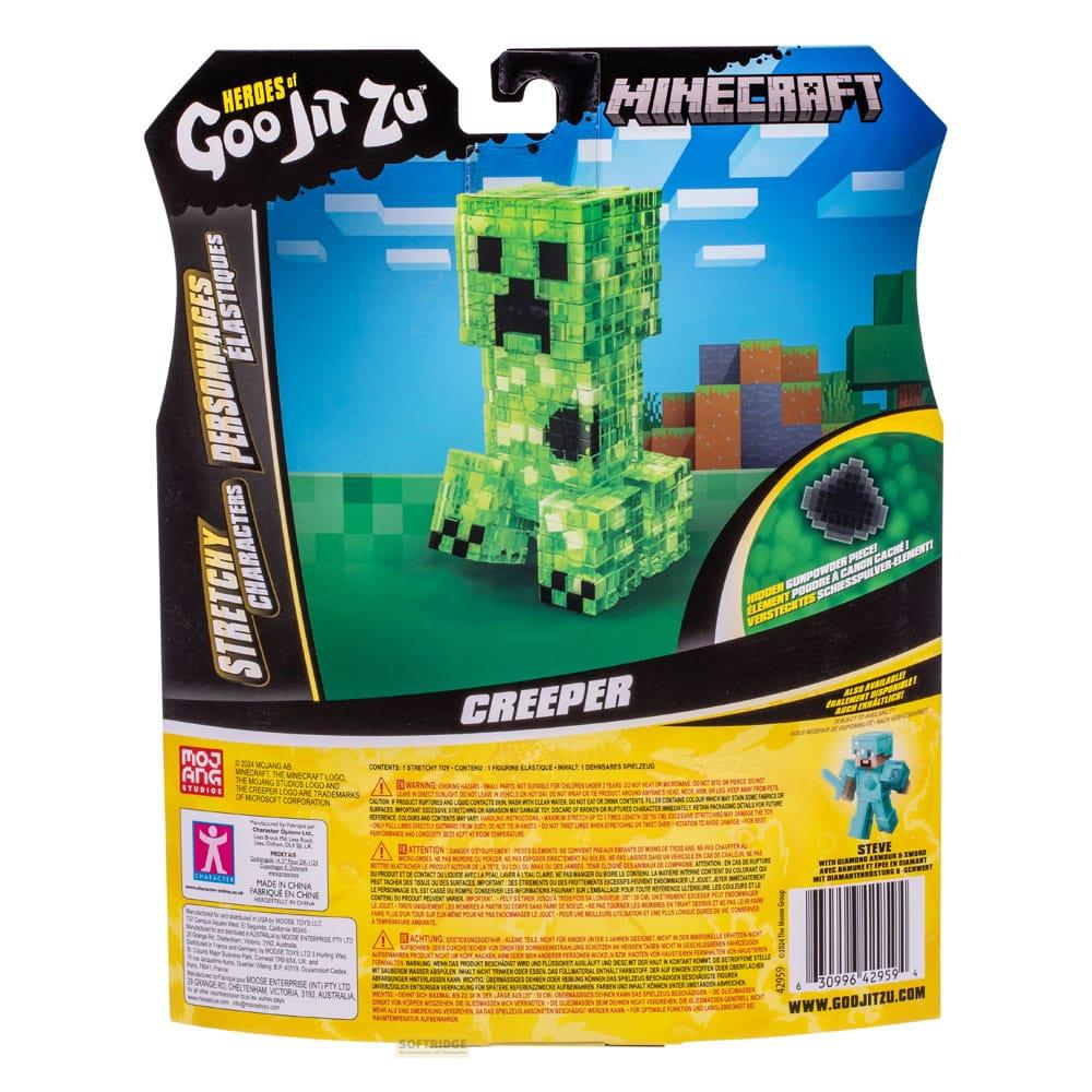 Un personaje de juguete Creeper de Minecraft verde en embalaje, anunciando otras figuras de Minecraft.