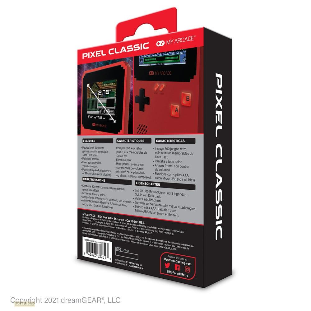 Verpackung eines roten Handheld-Spiels mit Pixel-Art-Design und Spieleinformationen.
