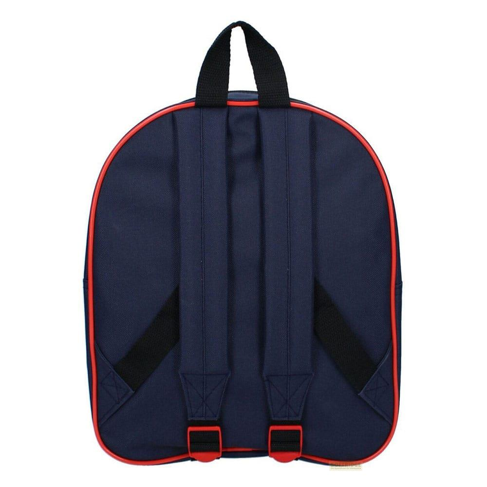Dunkelblauer Rucksack mit roten Kanten und schwarzen Trägern.
