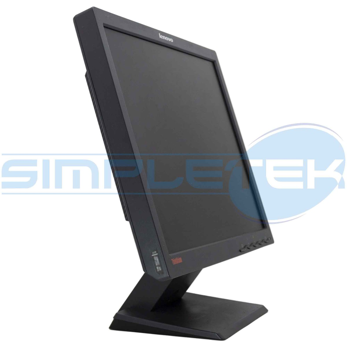 Un monitor nero Lenovo ThinkVision su un supporto, visto da sinistra.