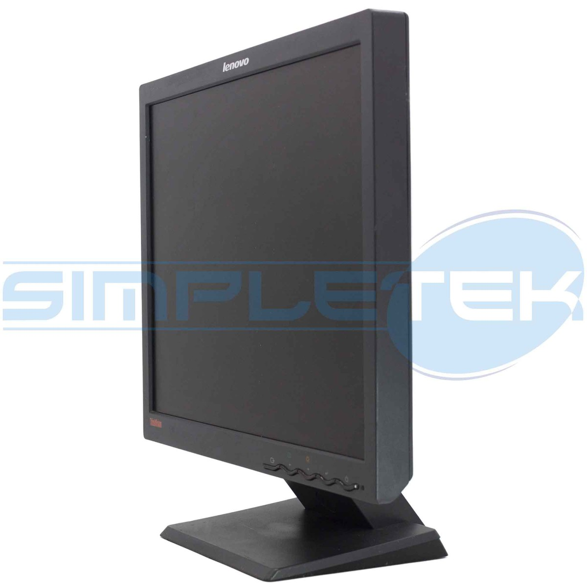 Un monitor Lenovo nero è mostrato di lato su sfondo bianco.