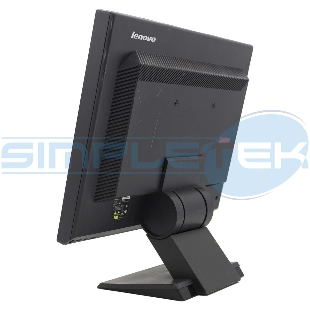 Vista posteriore di un monitor Lenovo ThinkVision nero su sfondo bianco, con supporto.