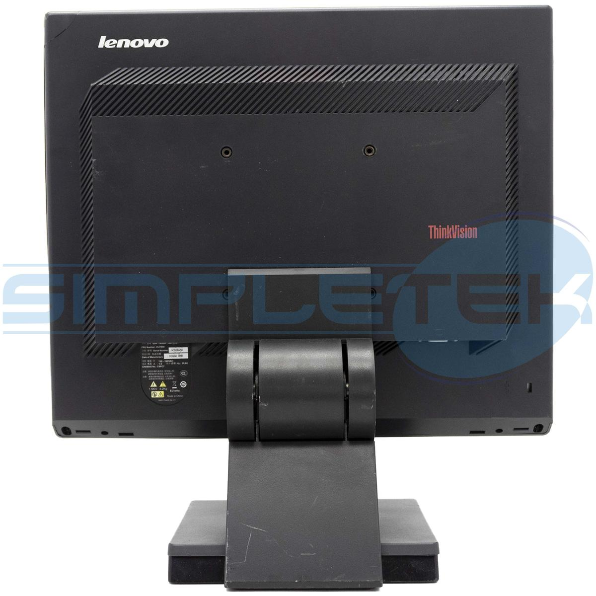 Vista posteriore di un monitor Lenovo ThinkVision nero sul suo supporto.