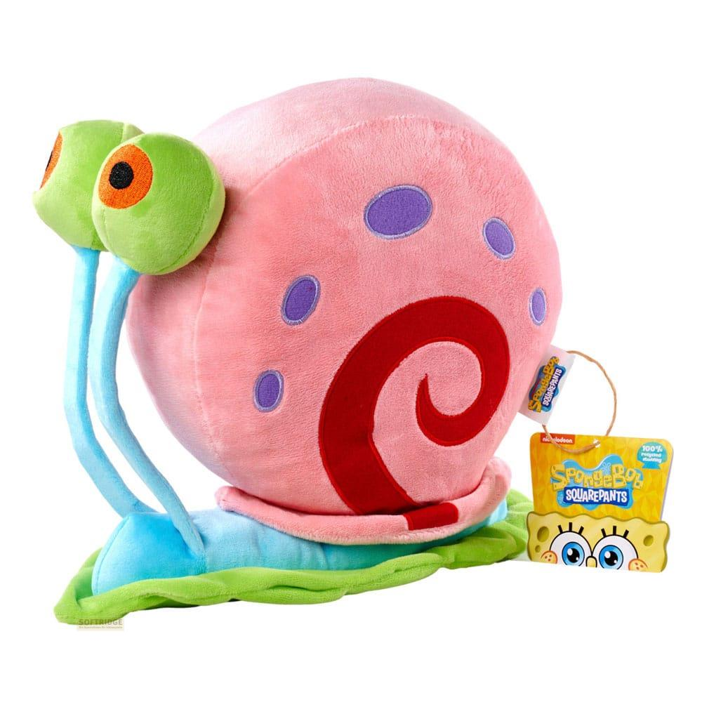 Un peluche rosa di Gary la lumaca con antenne blu, occhi verdi e un motivo a spirale rosso.