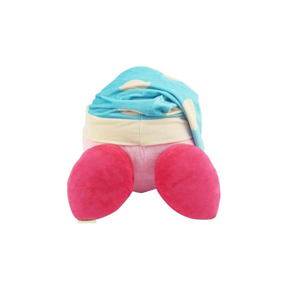 Ein rosa Plüschtier mit blauer Mütze mit weißen Wolken und roten Füßen.