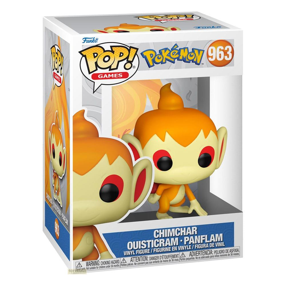 Funko Pop! Chimchar Figur im Karton. Orange Pokémon-Figur mit roten Augen.