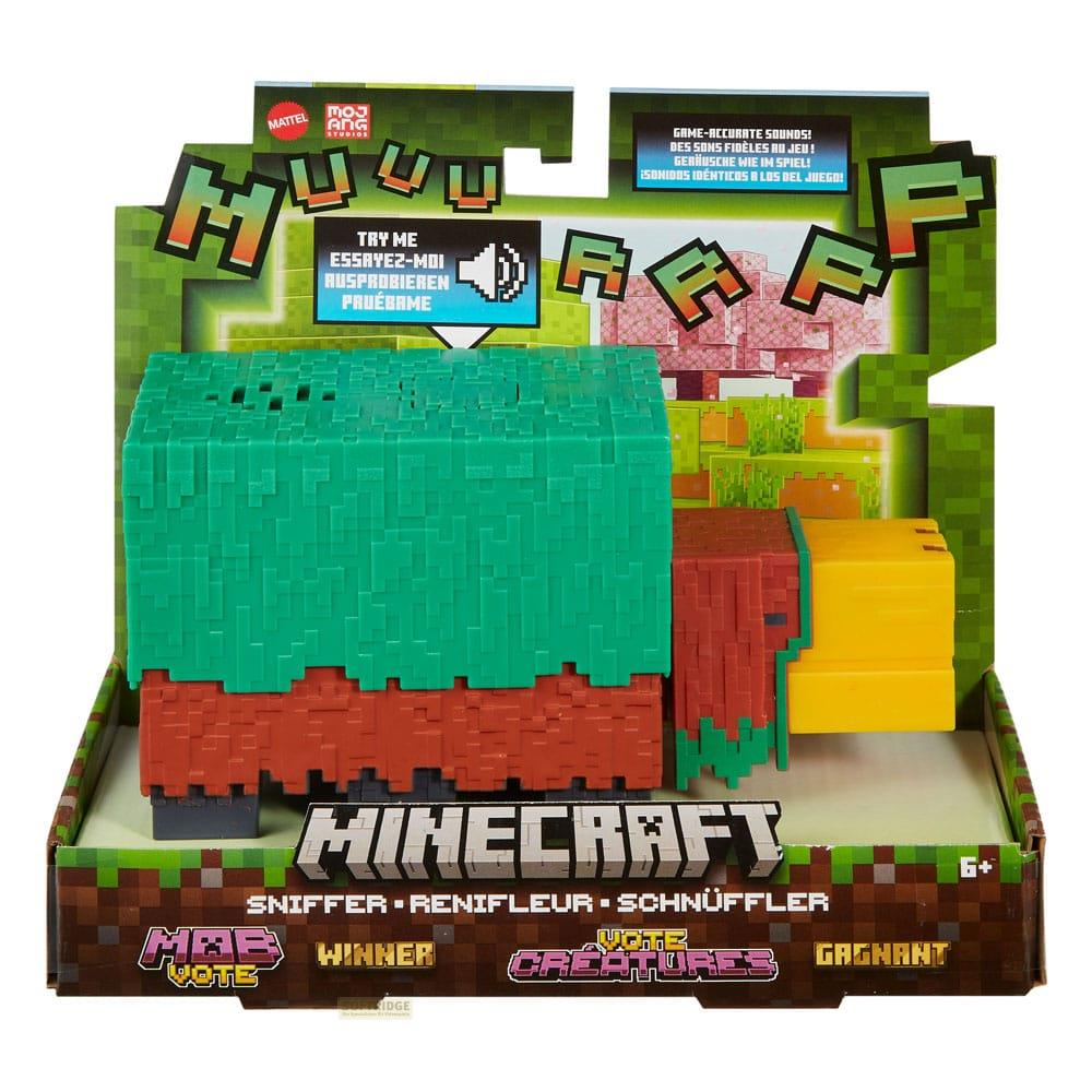 Giocattolo Minecraft Sniffer in confezione con blocchi verdi e rossi.