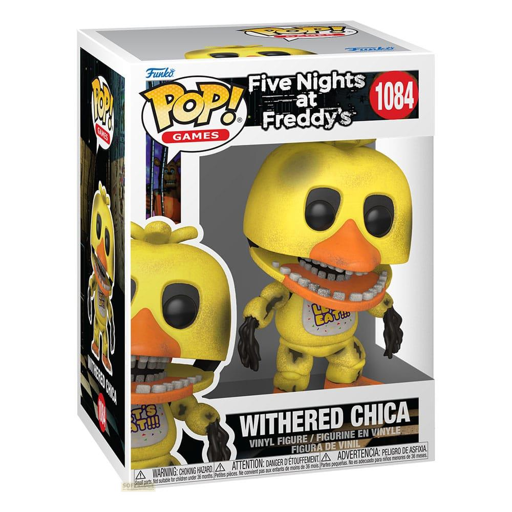 Una figura Funko Pop amarilla de Withered Chica en su empaque.