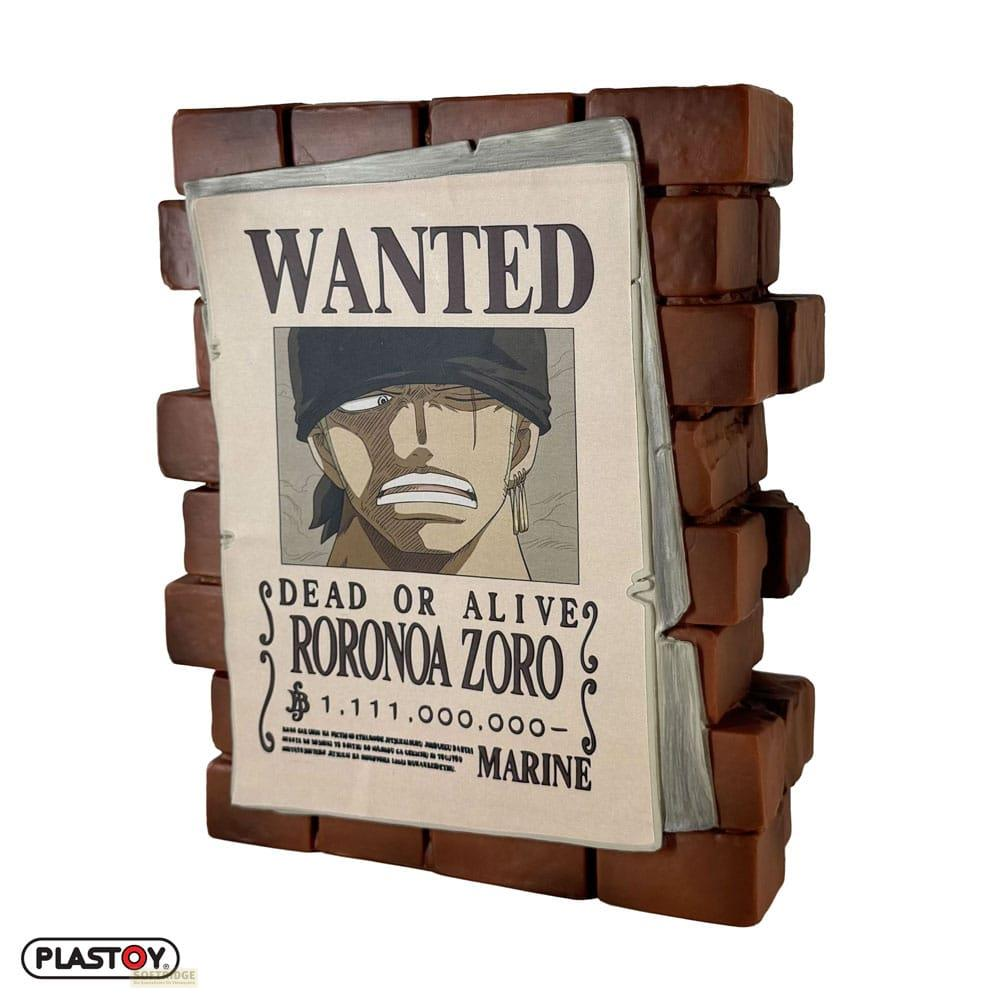 Un cartel de "Se busca" de Roronoa Zoro, enmarcado por ladrillos.