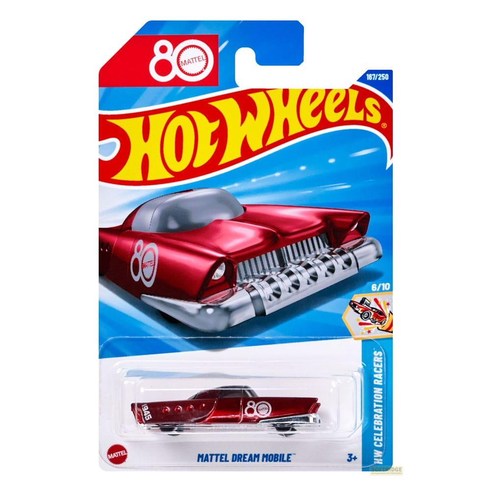 Czerwony Hot Wheels w opakowaniu, z logo '80'.