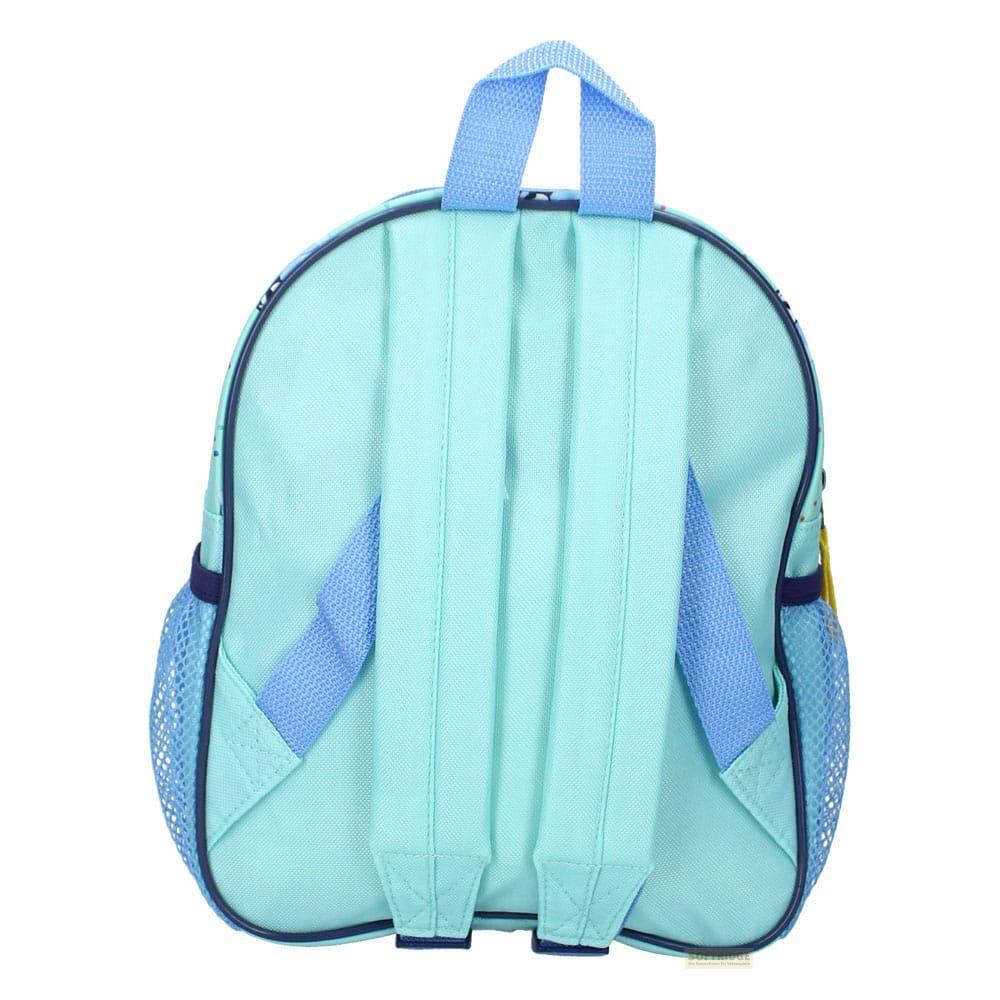 Hellblaue Kinderrucksackrückseite mit zwei Trägern und seitlichen Netztaschen.