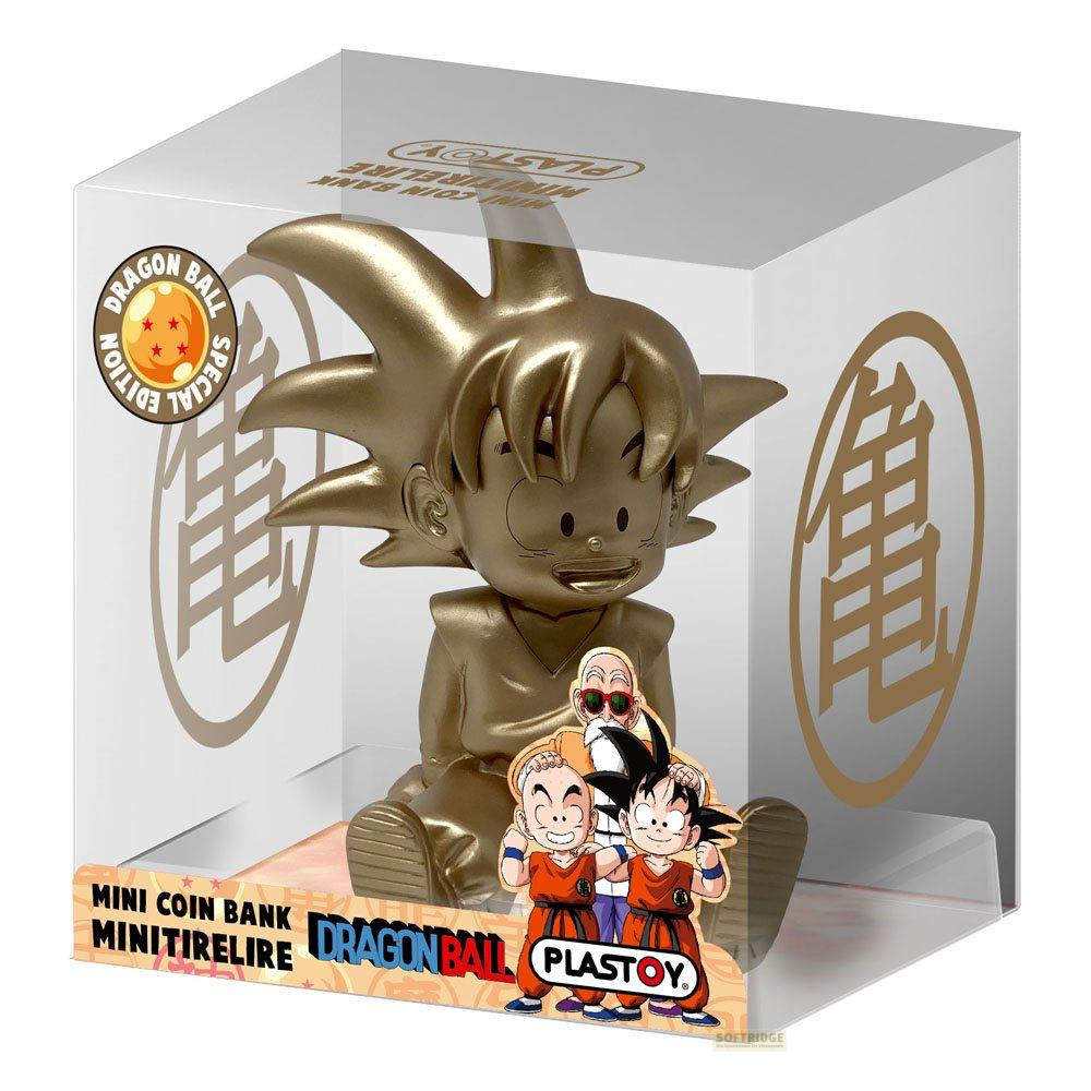 Goldene Dragon Ball Münzbank mit Goku, Krillin und Roshi in einer Box.
